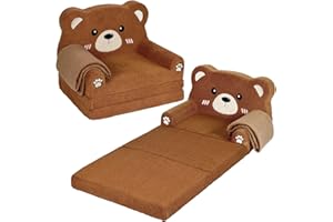 Foryoomi Kids Couch, 2-in-1 Soft Toddler Couch Fold Out with Blanket, Chair Comfy, Foldable Convertible Plush Sofa, Gifts for Kids Girl Boys, Bear