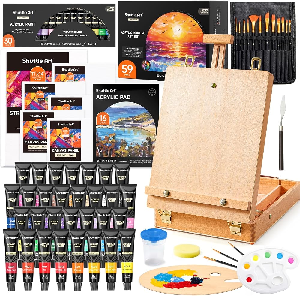 Shuttle Art 59 Pack Acrylic Painting Set with Tabletop Easel and Accessories