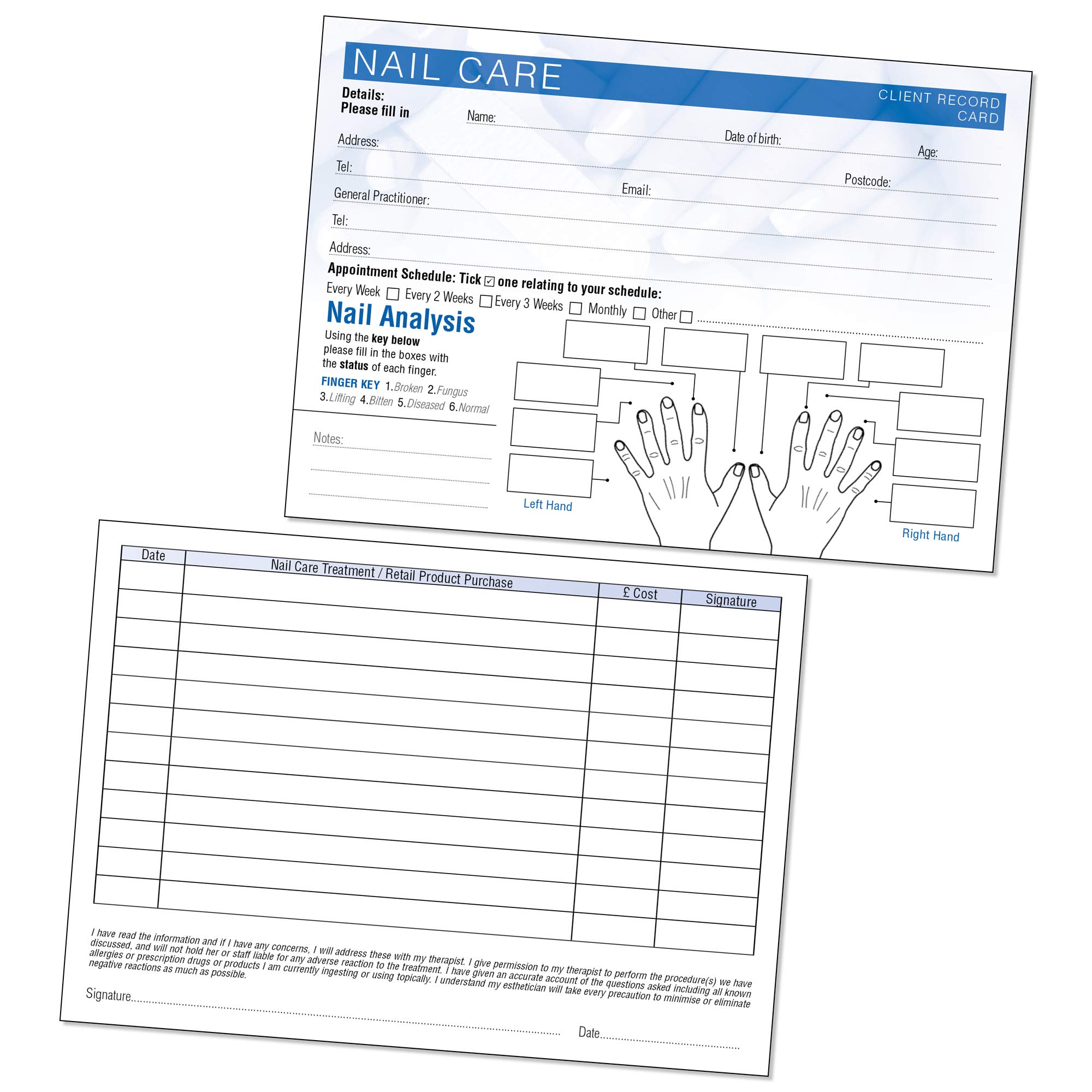 Nail Care Client Record Card - Treatment Consultation Form for Mobile Therapists & Salons A6 Pack of 50 - Landscape
