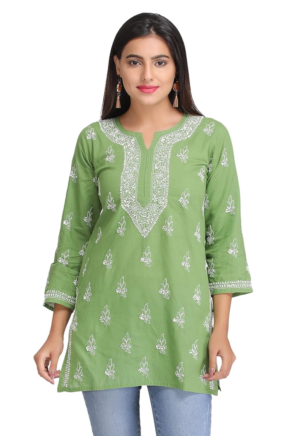 ADA Hand Embroidered Lucknow Chikan Regular Fit Cotton Short Top (A308629_Green)