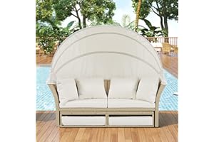 P PURLOVE Outdoor Canopy Bed Patio Daybed with 4 Pillows, Wicker Rattan Double Daybed Round Sofa Furniture Set with Retractable Canopy, 2-Person Outdoor Patio Bed for Lawn, Garden, Backyard (Beige)