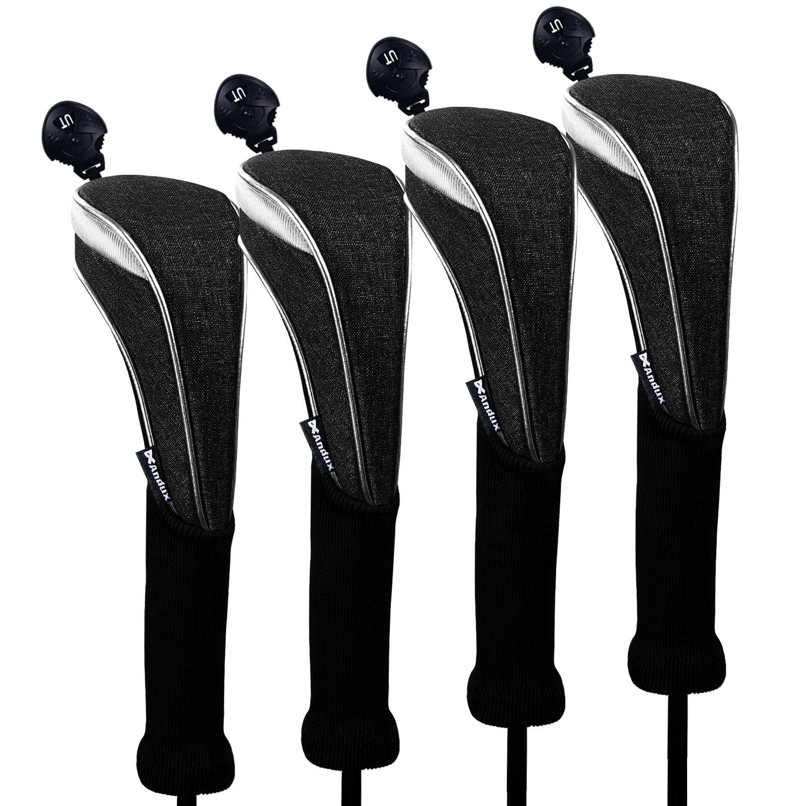 Andux 4 Pack Nylon Long Neck Golf Hybrid Club Head Covers with Dial No. Tag CTMT-03 Black/black