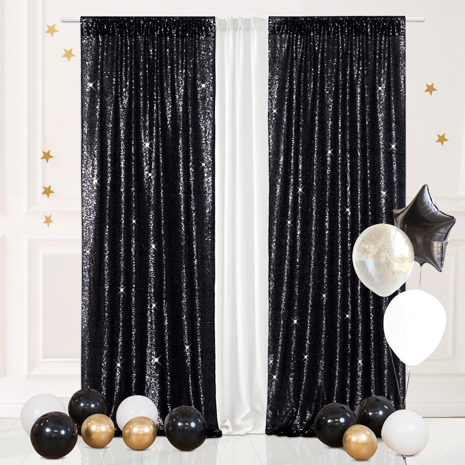 Eternal Beauty Black Sequin Backdrop Curtains, Halloween Shimmer Back Drop 2Panels-3FTx7FT for Christmas, Party, Birthday, Photography, Wedding, Baby Shower Event Decoration