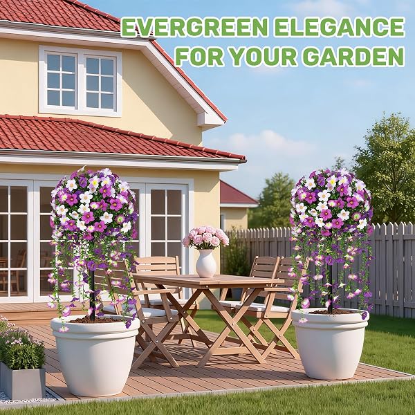 GROOY ARTIFICIAL PLANTS FLOWERS TOPIARY BALL FOR OUTDOOR, 2 PACK FAKE PURPLE SILK MORNING GLORY PLANT BUSHES, UV RESISTANT REALISTIC PLANTS SHURBS FOR OUTSIDE,FRONT PORCH,PATIO,YARD