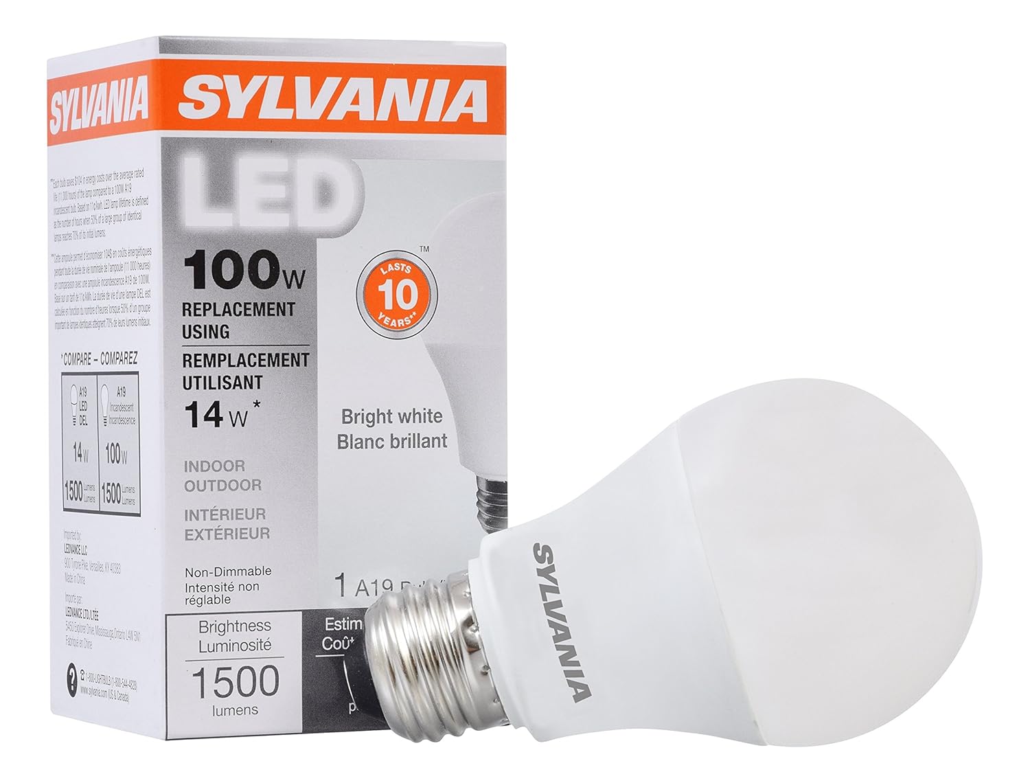 Sylvania Home Lighting 78098 Sylvania Non-Dimmable Led Light Bulb, 14 W, 120 V, 1500 Lumens, 3500 K, CRI 80, 2.375 in Dia X 4.29 in L, Bright White