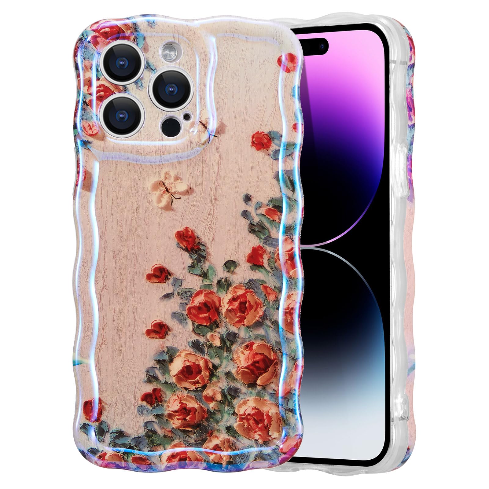 EYZUTAK Case for iPhone 15 Pro Max, Colorful Retro Oil Painting Rose Flower Laser Beam Glossy Pattern Curly Wave Border Phone Cover Stylish Durable TPU Protective Case for Girls Women - Beige