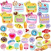 32 Packs Valentines Day Gifts for Kids with Candy Mochi Dessert Squishy Toys, Valentines Cards for Kids Classroom with Cute Squeeze Fidget Toys, Valentines Party Favors, Class Exchange & School Prize