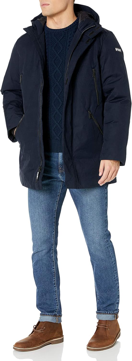 DKNY Men's Water Resistant Hooded Logo Parka Jacket at  Men’s Clothing store