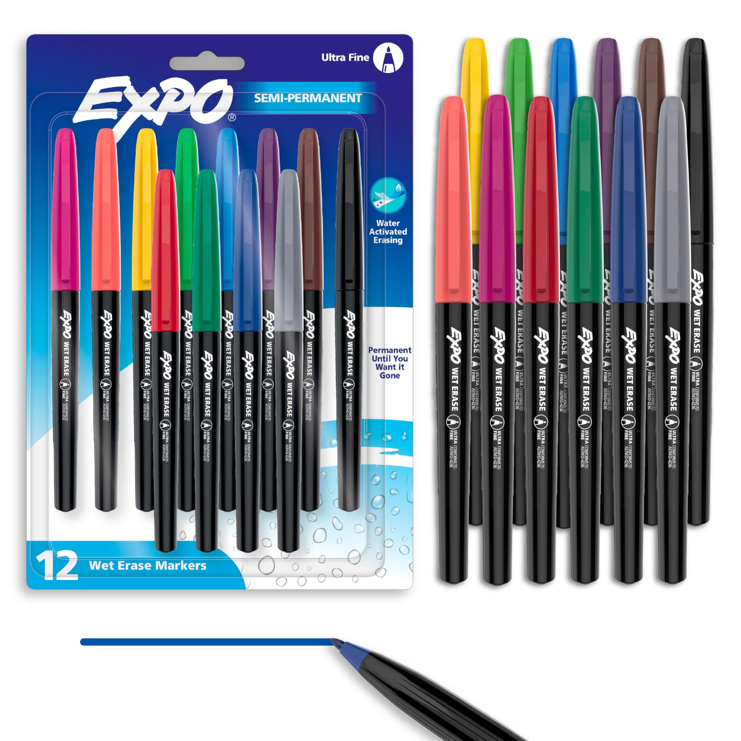Photo 1 of EXPO Wet Erase Markers, Semi-Permanent Markers, Assorted, Ultra Fine Tip, 12 Count