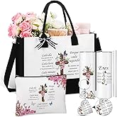 Tioncy 4 Pcs Spanish Christian Gifts Set for Women Inspiration Religious Tote Bag 20 oz Stainless Steel Tumbler Bible Verse Keychain Makeup Bag for Mom Grandma Birthday International Women's Day Gifts