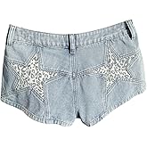 WDIRARA Women's Leopard Star Denim Shorts Y2k Low Rise Mini Jean Shorts