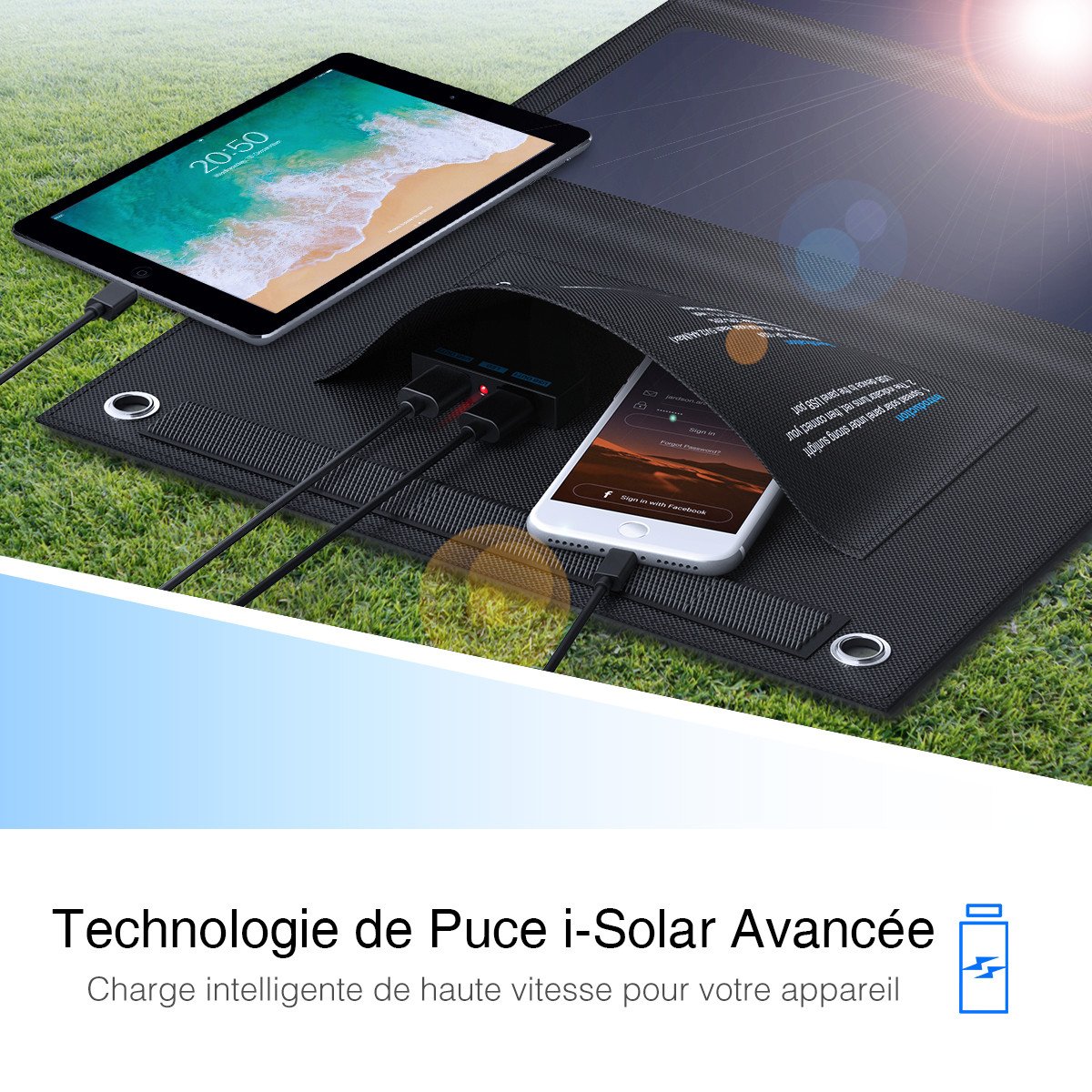 Poweradd Panneau Solaire Pliable 24W, Deux Ports Cachés de Sortie 4.8A Total Chargeur Solaire Imperméable de Haute Conversionet et Deux Câble USB Inclus pour iPhone, Androids et des Tablettes, etc.