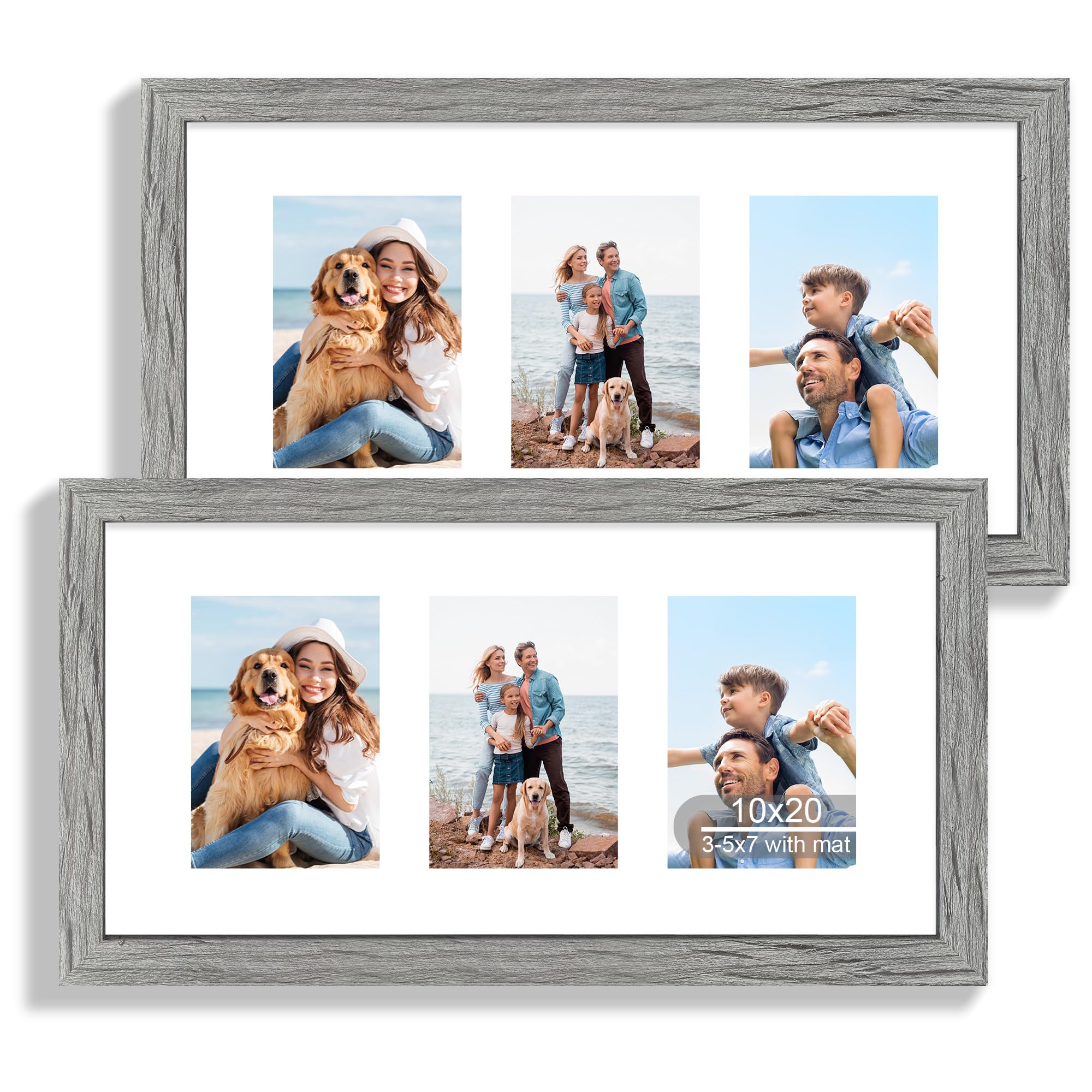 View 1 of **ONLY 1**Hongkee 10x20 Picture Frame Set of 2, Rustic Grey Wood Frame with Real Glass Collage Frame, Display Pictures Three 5x7 With Mat or 10 x 20 Without Mat - Horizontal or Vertical Wall MountingX0046YQ7GN