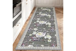 AUBEATY Rug Runners for Hallways, Kitchen Runner Rug Non-Slip, 2x6 Washable Runner Rug, Throw Rugs with Rubber Backing, Soft Floral Rug Low Pile Carpet Runner for Laundry Room and Entryway-Grey