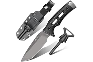HX OUTDOORS Fixed Blade Camping Knife with Fire Starter, Premium DC53 Steel Full Tang Bushcraft Survival Knife with Kydex Sheath for EDC, Outdoor, hunting, Hiking (Black)