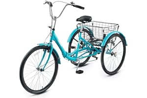 Viribus Foldable Adult Tricycle, 7 Speed Folding Tricycle for Adults with Large Detachable Basket, 3 Wheel Folding Bikes for Men Women Seniors, Adult Tricycle Folding 26 in Teal