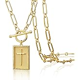 Tewiky 14K Gold Plated/Silver Plated Cross Necklace for Women Trendy Chunky Cross Pendant Necklace Toggle Clasp Paperclip Box Chain Charm Necklaces for Women Jewelry Gift Christian Religious Baptism