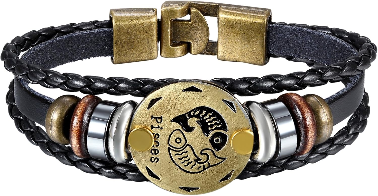 Oidea Mens Womens Punk Multi-Layer Pisces Zodiac Signs Constellation Astrology Braided Leather Cuff Bracelet,Black