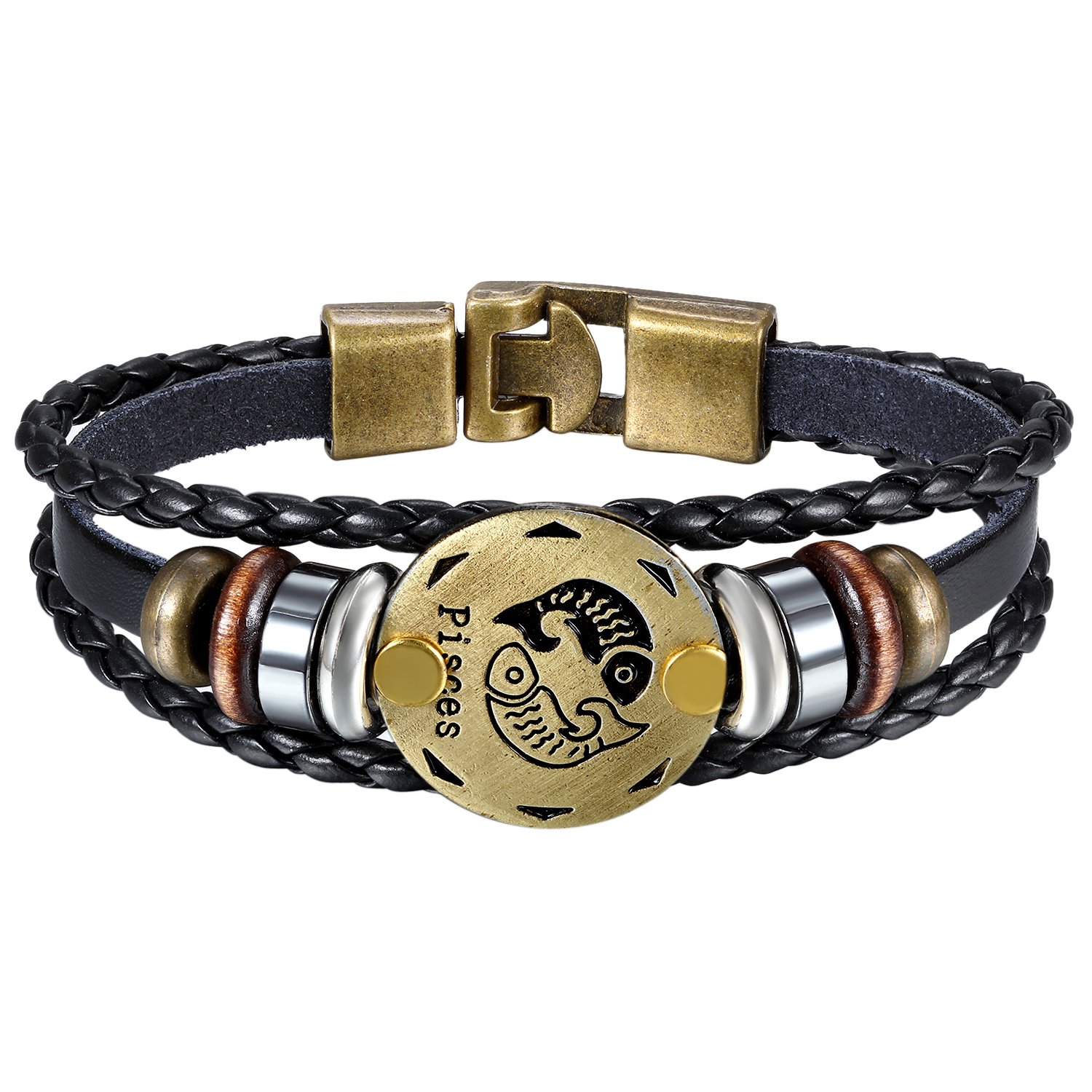 Oidea Mens Womens Punk Multi-Layer Pisces Zodiac Signs Constellation Astrology Braided Leather Cuff Bracelet,Black
