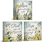 Conipit Faith Hope Love Canvas Yellow Green Floral Wall Art Butterfly Flower Pictures Yellow Daisy Lily Paintings Framed 12"x12" x 3Pcs