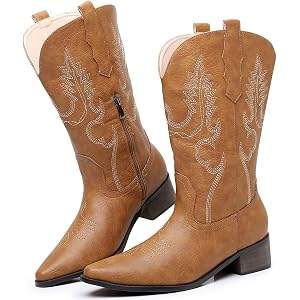 GANGYIMUNE Cowboy Boots for Women, Cowgirl Boots with Embroidery Chunky Heel Pointed Toe Pull On Mid Calf Vintage Western Fas