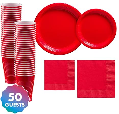 Party City Solid Red Tableware Supplies For 50 Guests Include 2 Sizes Of Paper Plates And Napkins Plus Plastic Cups