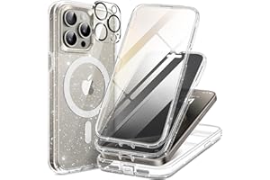 TIESZEN Magnetic for iPhone 15 Pro Max Case, [Dustproof Design] Compatible with MagSafe, Built-in 9H Tempered Glass Screen Protector & Privacy Screen Protector +2X Camera Lens Protectors, Shiny Clear