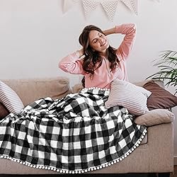 PAVILIA Black White Buffalo Plaid Throw Blanket Pom