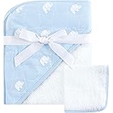 Hudson Baby Unisex Baby Cotton Hooded Towel and Washcloth, Blue Elephant, One Size