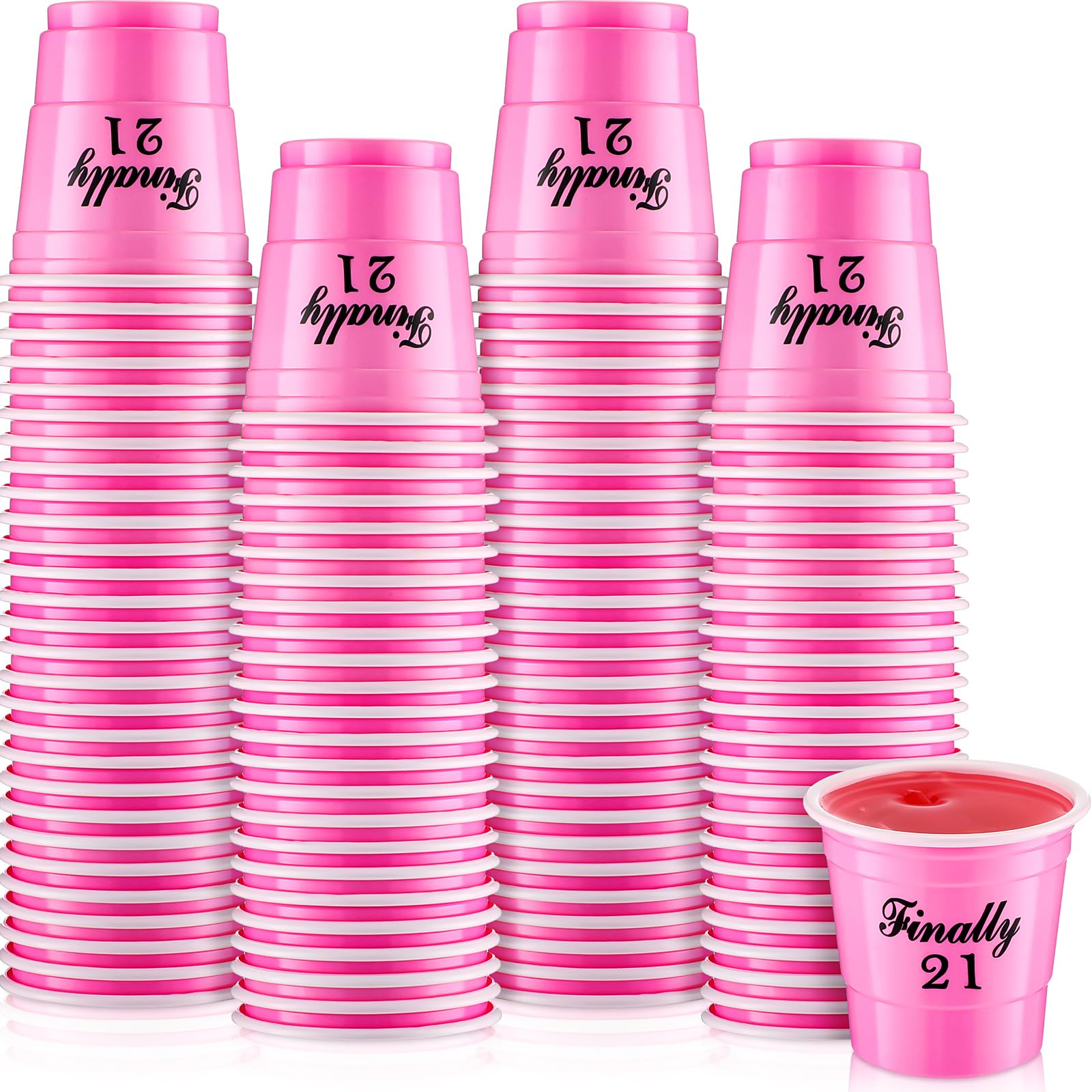 Photo 1 of Domensi 100 Pcs Finally 21 Shot Glass Disposable 2 oz Plastic Cups 21st Birthday Party Supplies Twenty One Birthday Cups Decorations for Men and Women 21st Birthday Anniversary (Pink,Finally 21)