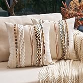 Aeckself Boho Throw Pillow Covers 18x18 Inch Set of 2, Farmhouse Decorative Striped Square Pillow Covers Chenille Tufted Pillow Cases Accent Neutral Pillowcase for Living Room Couch Bed, Orange White