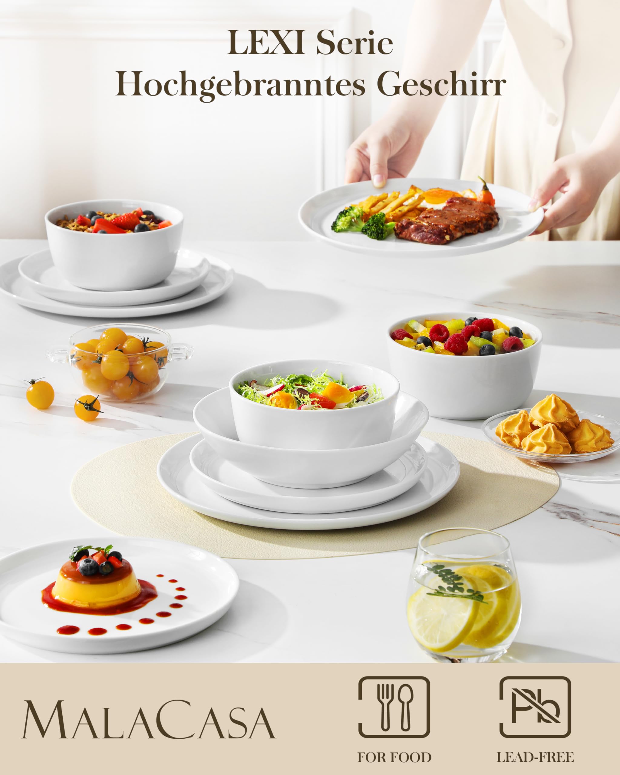 MALACASA Geschirrset 24-teilig, Porzellan Schüssel und Teller Set, Tafelservice 6 Personen, Weiße Speiseteller & Schalen, Rundes Essgeschirr Set, Spülmaschinen- & Mikrowellengeeignet, Serie LEXI 3