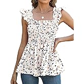 LOMON Womens Tank Tops Fashion Summer Ruffle Flying Sleeve Smocked Blouses Square Neck Sleeveless Shirts Babydoll Shirt