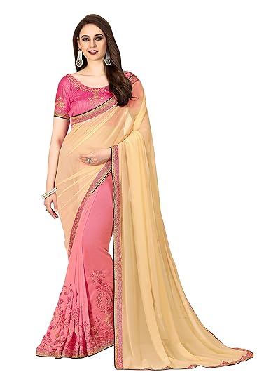 Womens Georgette Half & Half Saree With Blouse Piece (kara103_Pink)
