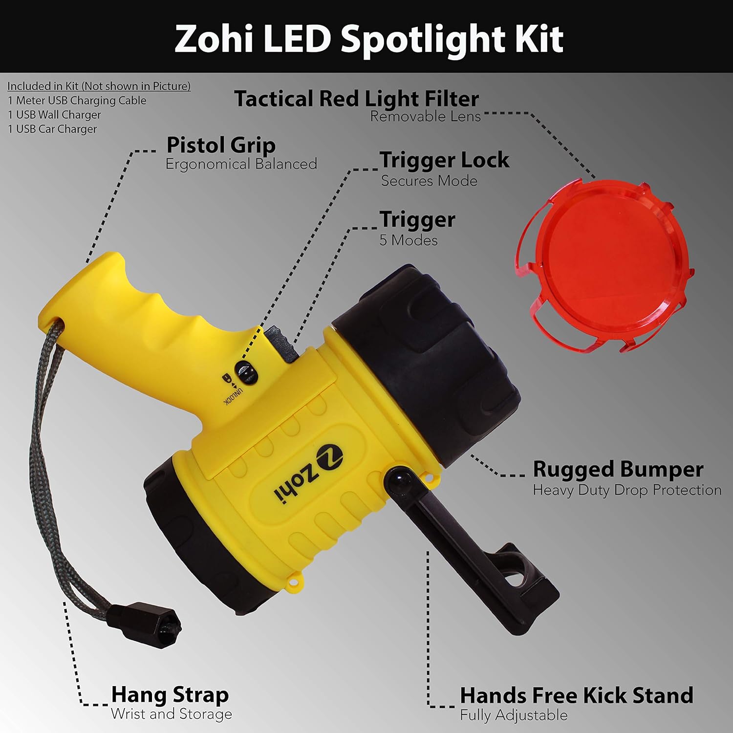 Zohi 1500 Lumen Super Bright LED Waterproof Submersible Rechargeable Flashlight/Spotlight/Searchlight | Portable Phone Charger | Detachable Red Light Filter | Yellow | Home Car Charger with Cables - - 