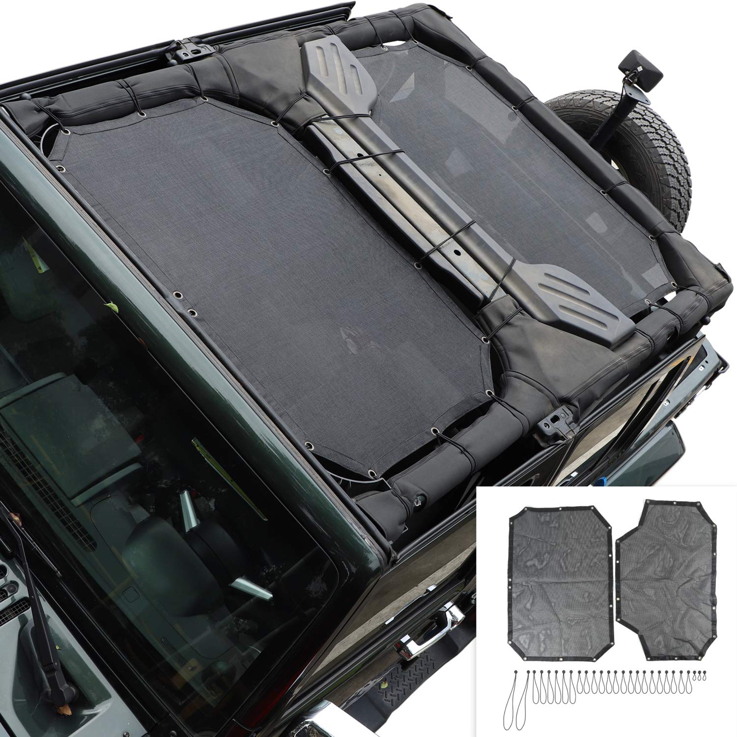 JeCar JKU Sun Shade Mesh Sunshade Provides UV Sun Protection for Jeep Wrangler 2007-2018 JK Unlimited 4 Door Front & Rear, 2 Pieces