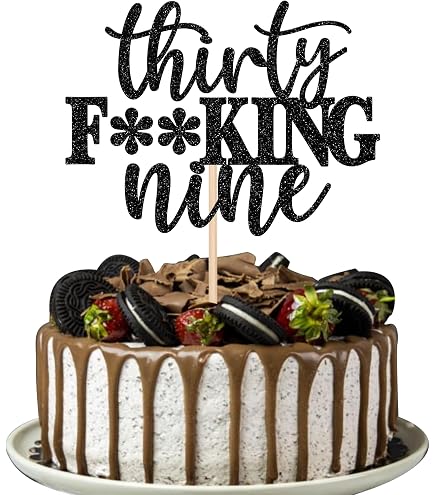 Glitter 39 & Feeling Fine Cake Topper - Funny Happy 39th Birthday Cake Toppers, 39th Birthday Cake Pick, Cheers To 39 Years Birthday Party Decorations Black
