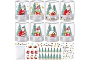 AWEYKA 8 Set Christmas Plastic Snow Globes Kit Includes 8 Clear Snow Globe, 16 Mini Xmas Trees, 3 Snowman, 3 Santa Claus, 2 House, 1 Christmas Sticker with Artificial Snow for DIY Crafts Home Winter Decor