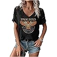 Rock Band T-Shirt for Women V-Neck Country Music Short Sleeved Shirt Retro Nashville Guitar Graphic Hollowed Tee Tops