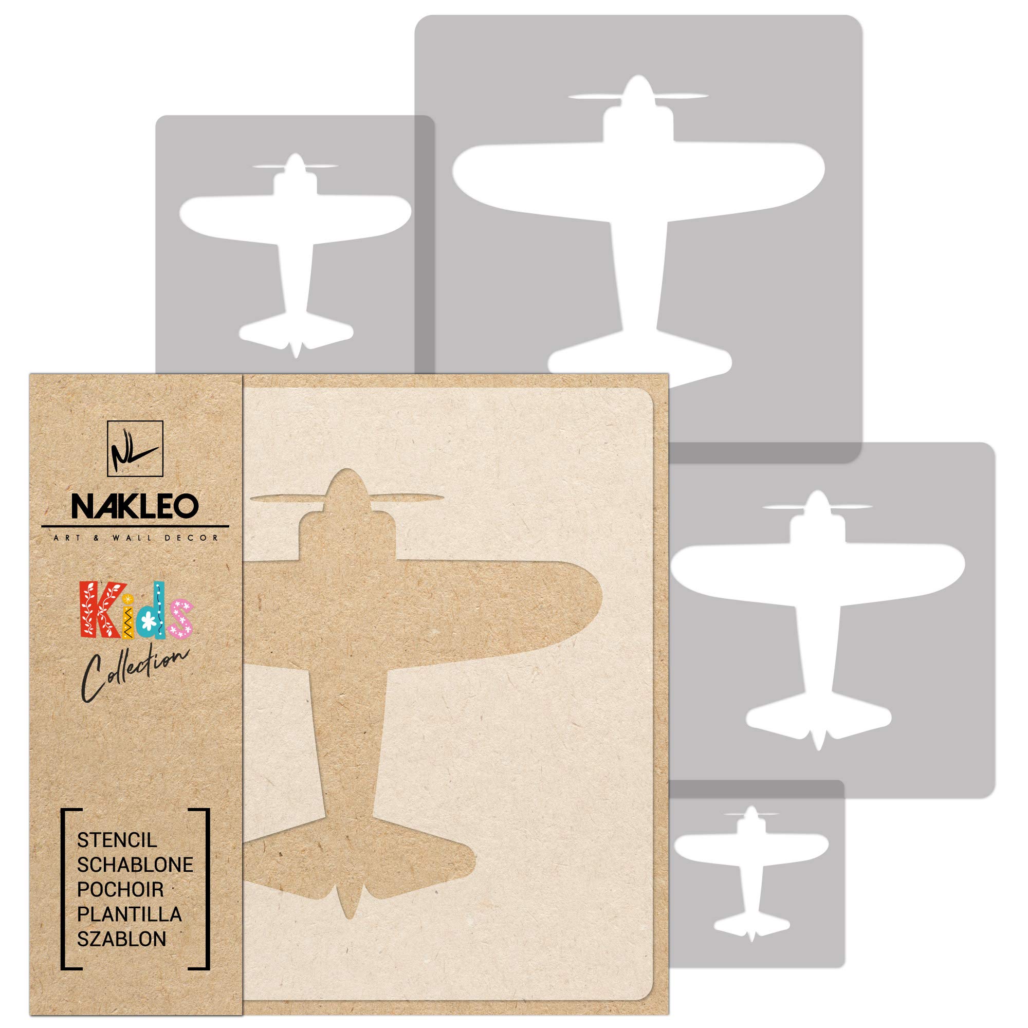 NAKLEO Painting Stencils Set for Nursery Room, 5 Pcs Templates 9x9 to 34x34cm Plane Airplane Flight, Plastic and Reusable Drawing Stencils, Decor, Craft DIY Wall Furniture