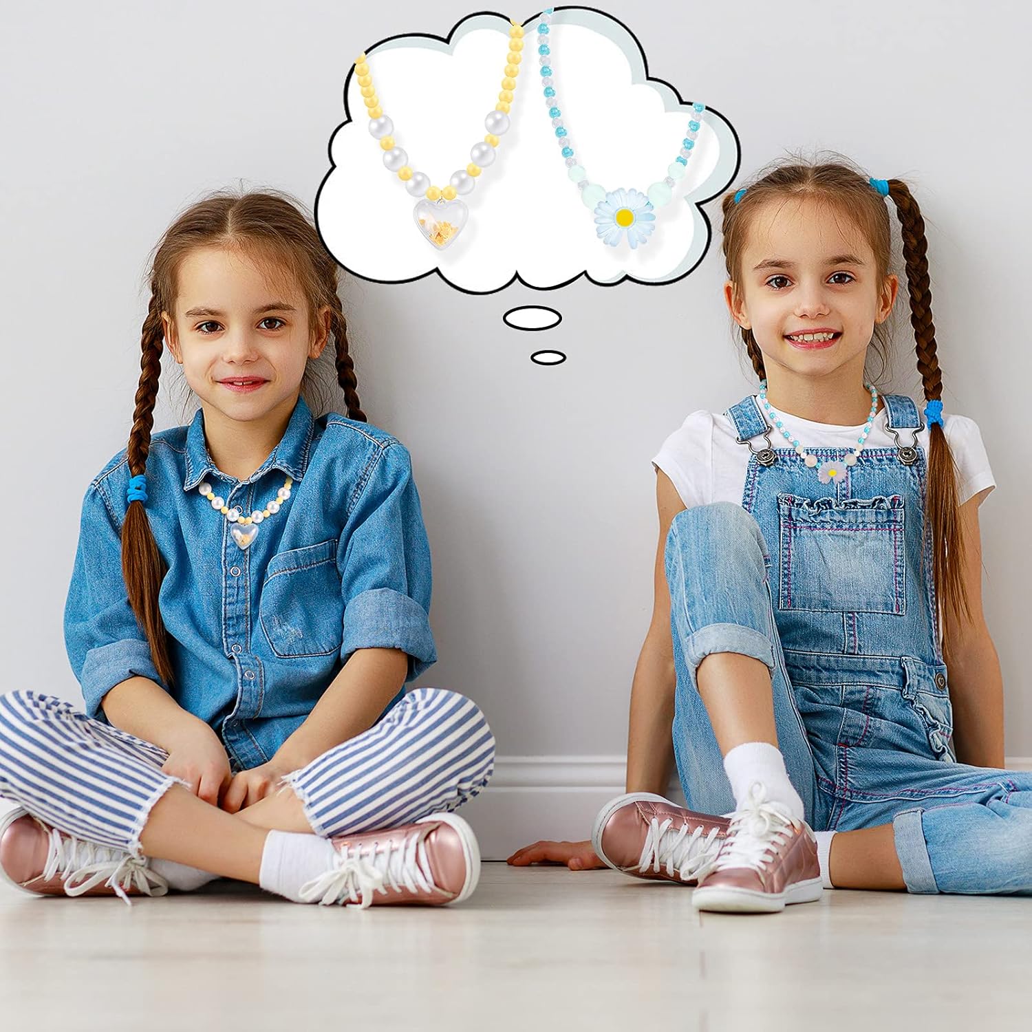 Girl Princess Necklace Bracelet Jewelry Set Includes 6 Sets Girls Beaded Necklace Bracelet with 8 Rings for Dress Up Party Cosplay Accessories (Heart, Flower Style): Toys & Games