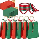 Abbylike 200 Pcs Christmas Paper Gift Bags with Handles Paper Gift Wrapping Bags and 6 Rolls Ribbon for Holiday Xmas Birthday Shopping Wedding Party Decor, 6 x 3 x 8 Inch(Dark Green, Wine Red)