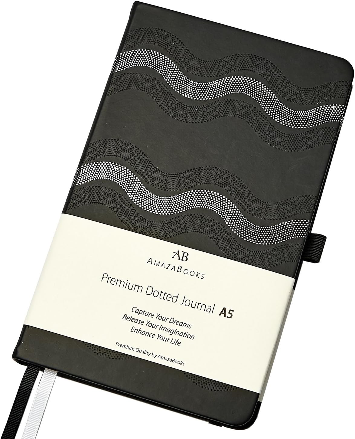 AmazaBooks Dot Grid Notebook - 240 Thick Dotted Pages | Elegant, Embossed Hardcover | Pen Loop, 2 Divider Ribbons & Handy Pocket for Stencils, Stickers, Supplies. Medium, Black