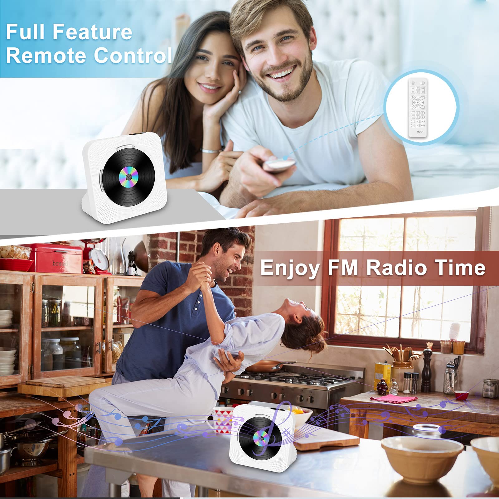 Portable Desktop CD Player for Home, with Timer, Remote Control, Inner Sperakers and Side LCD Screen Display Support FM Radio/USB/Bluetooth/CD Four Modes, Gift for Music Lovers