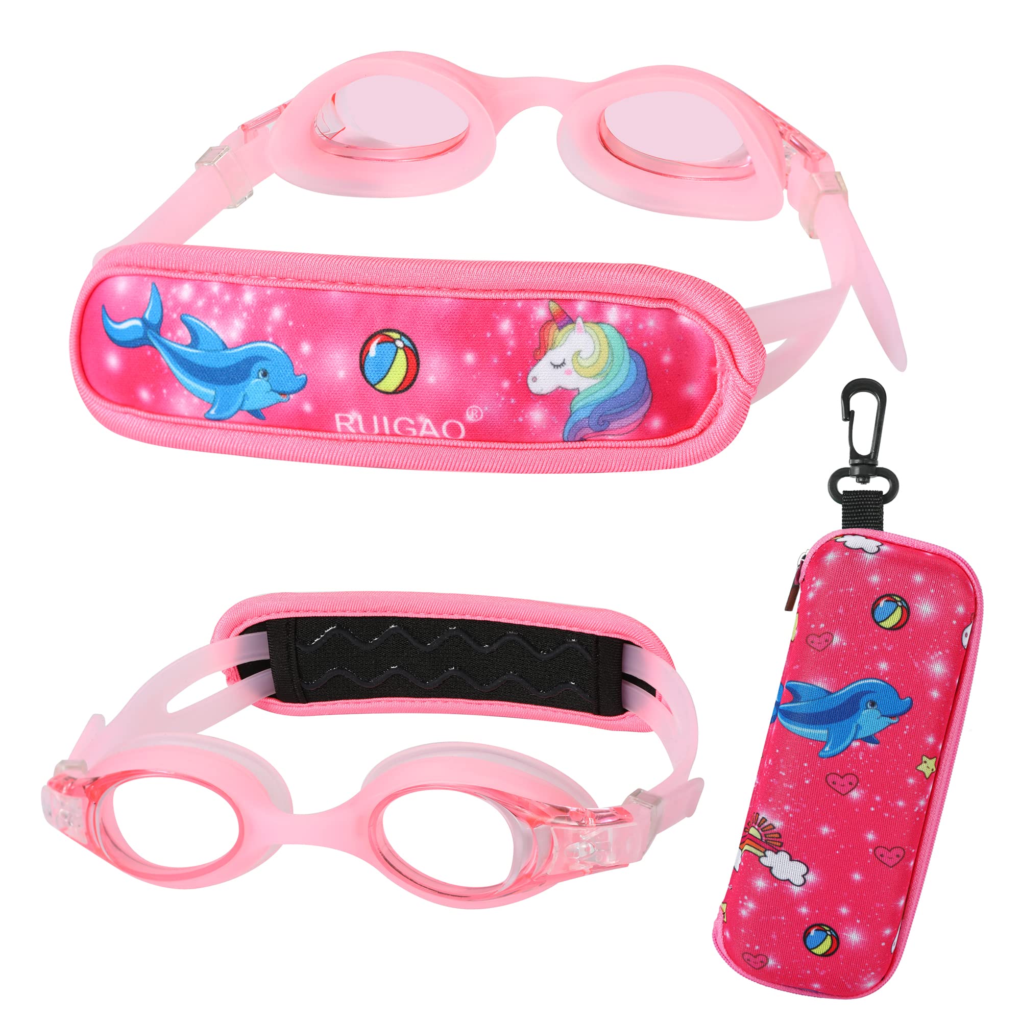 RUIGAO Toddler Swim Goggles Age 2-5, Toddler Goggles No Hair Pull Strap, Kids swimming goggles with Case (Toddler Goggles - Pink) — image 1