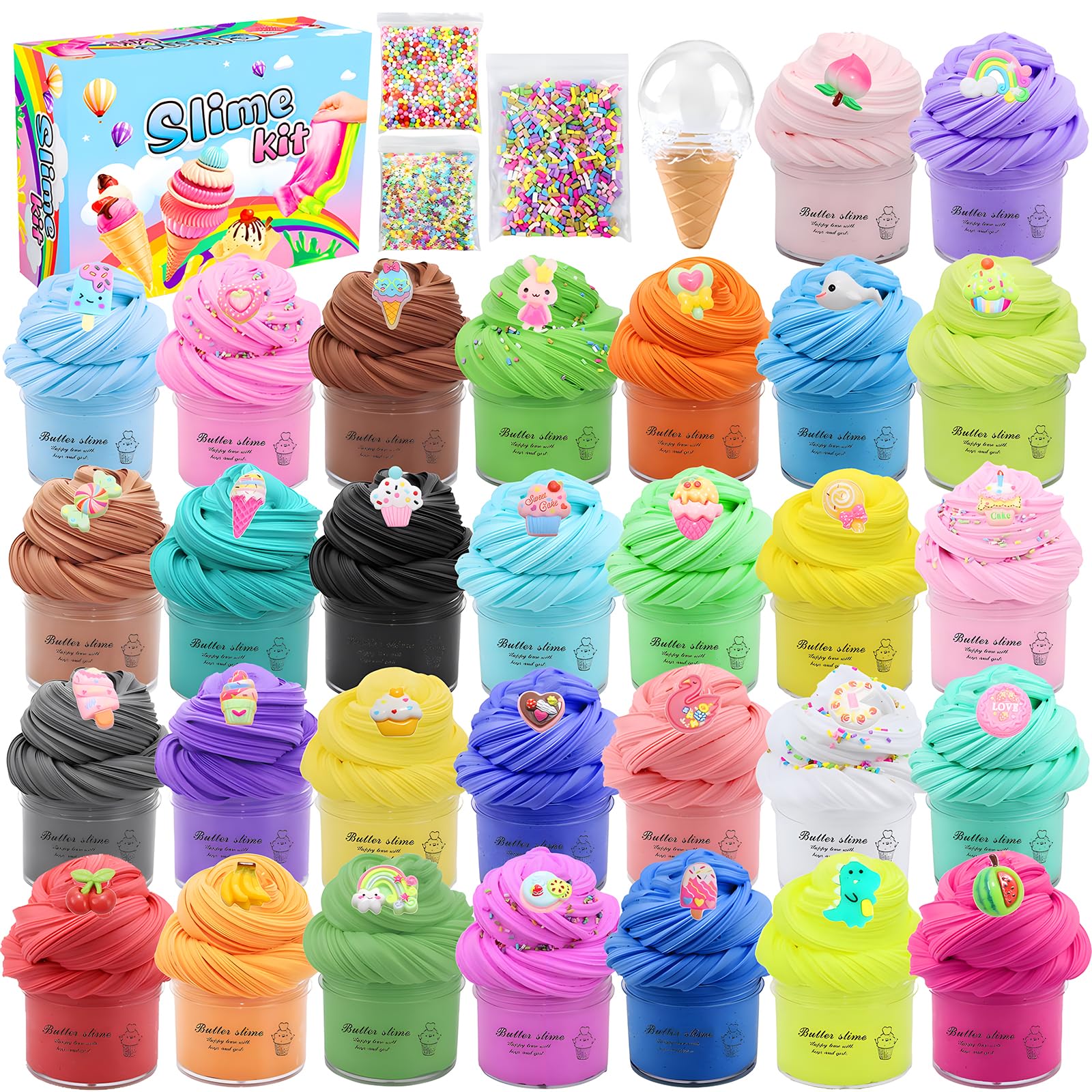 Photo 1 of 34 Pack Butter Slime Kit, Party Favor Supplies, Soft Fidget Toy Slime with Trinkets, Prize for Girl and Boys, Christmas Stocking Stuffers Birthday Gift for Kids (34 PCS)
