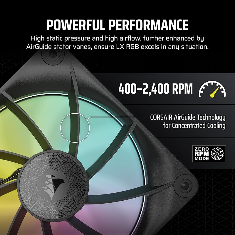 CORSAIR iCUE Link LX120 RGB 120 mm PWM Fans Triple Pack – Dual Light Loops – Inclui iCUE Link System Hub – Tecnologia CORSAIR AirGuide – Preto