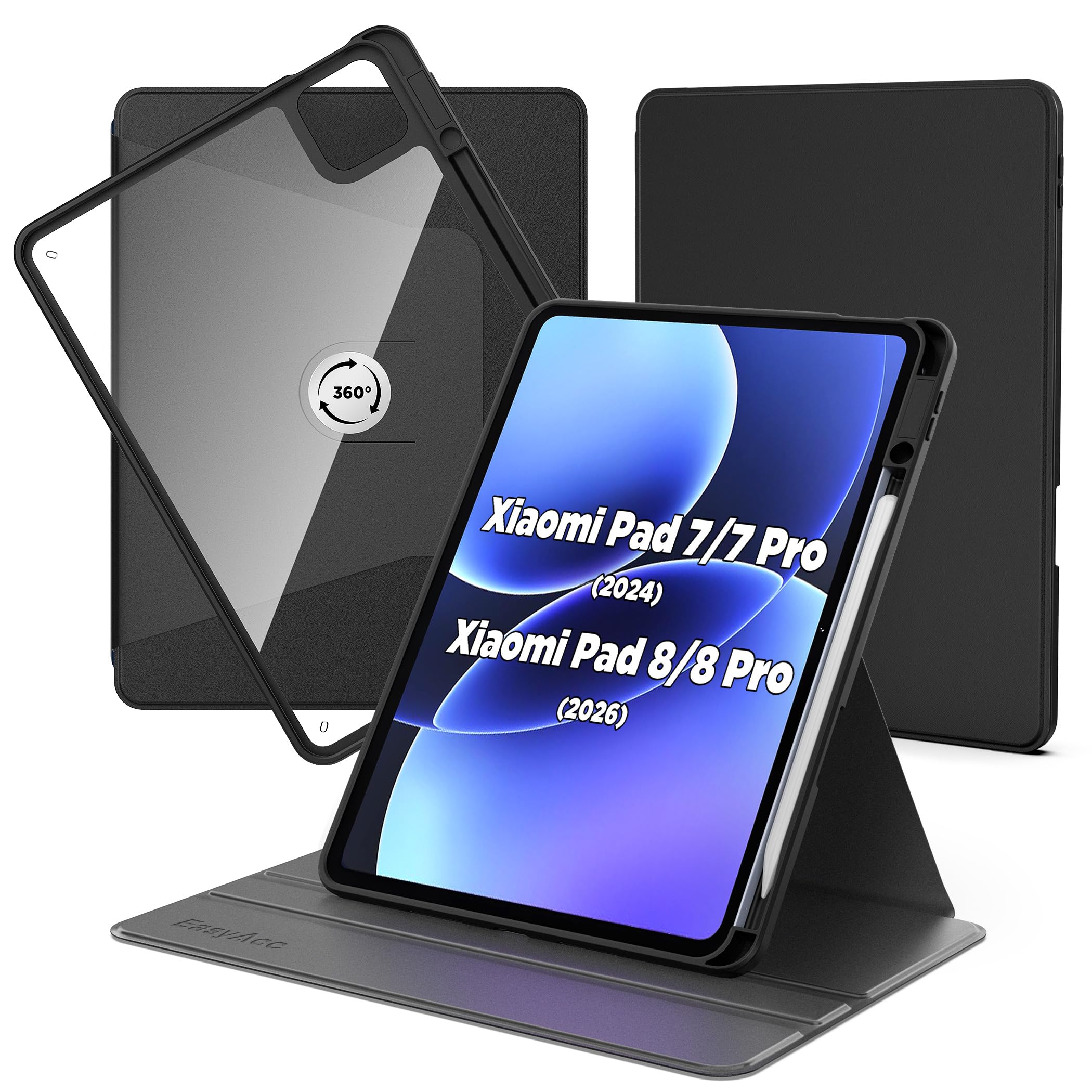 EasyAcc Drehbare Hülle für Xiaomi Pad 7/ Pad 8/ Pad 7 Pro/Pad 8 Pro 11.2 Zoll mit Xiaomi Pen Halter, Acryl Schutzhülle 360 Grad Drehbare mit Stoßfest Grenze, Schwarz