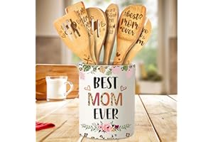 TAESUN Gifts for Mom, Mothers Day Mom Gifts from Daughter Ceramic Utensil Holder with Wooden Spoons Set, Mom Gifts from Daughters Son, Cooking Tools Kitchen Utensils Set with Wooden Spatulas for 6