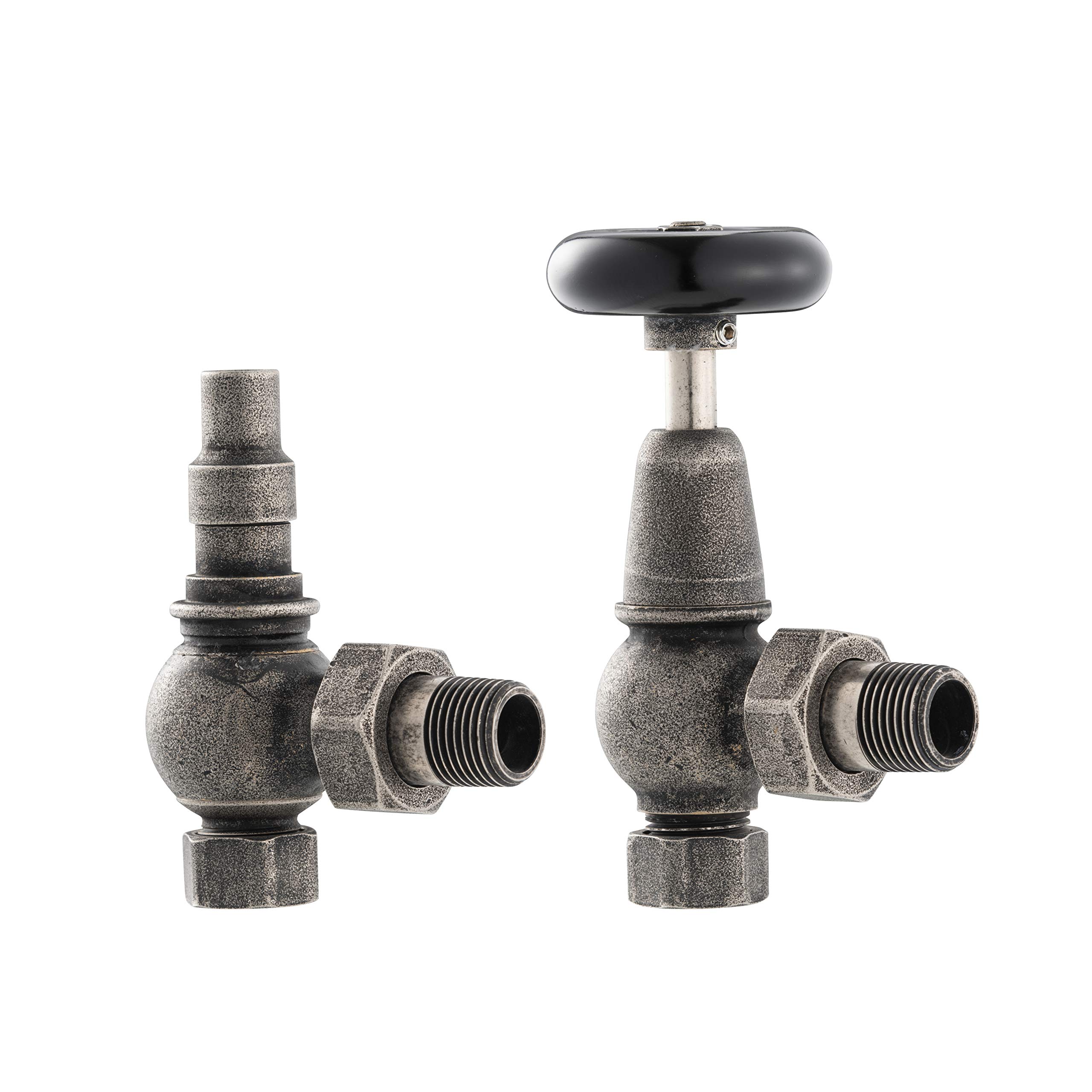 UK-20 P Arroll traditional manual Radiator valve in Pewter with FSC certified black wooden wheel head & lockshield